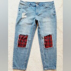 Plus Size Dollhouse Jeans with Red Plaid knees.